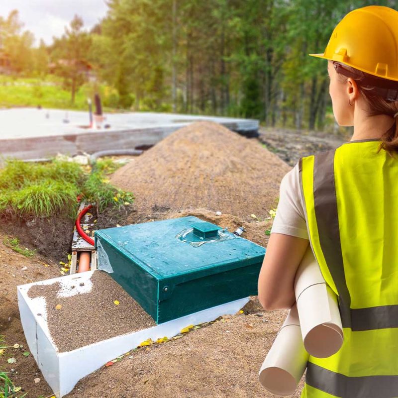 A lady in a yellow hard hat inspects a septic tank installation