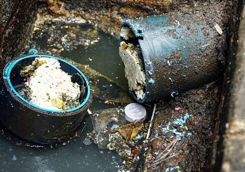 A drain clogged with waste.