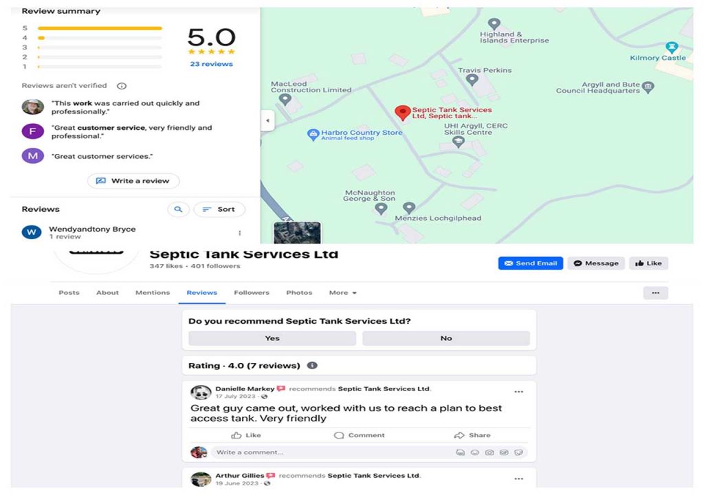 Image showing how to leave reviews for Septic Tank Services on Google Places and Facebook.