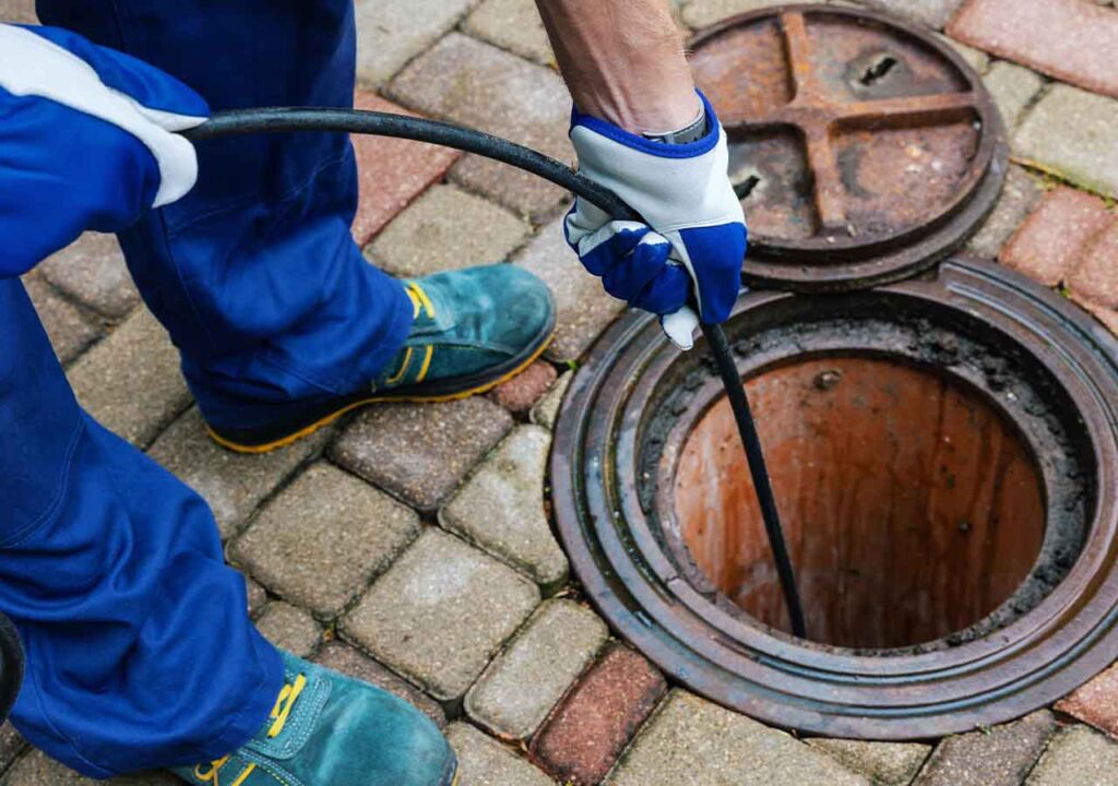 A man putting a cable down a drain.