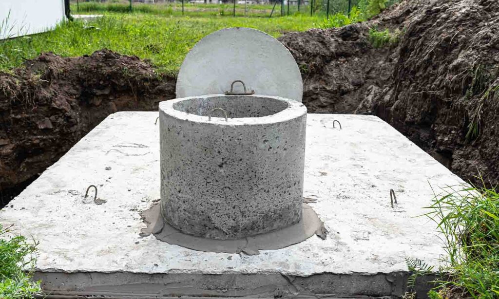 A concrete septic tank being installed.