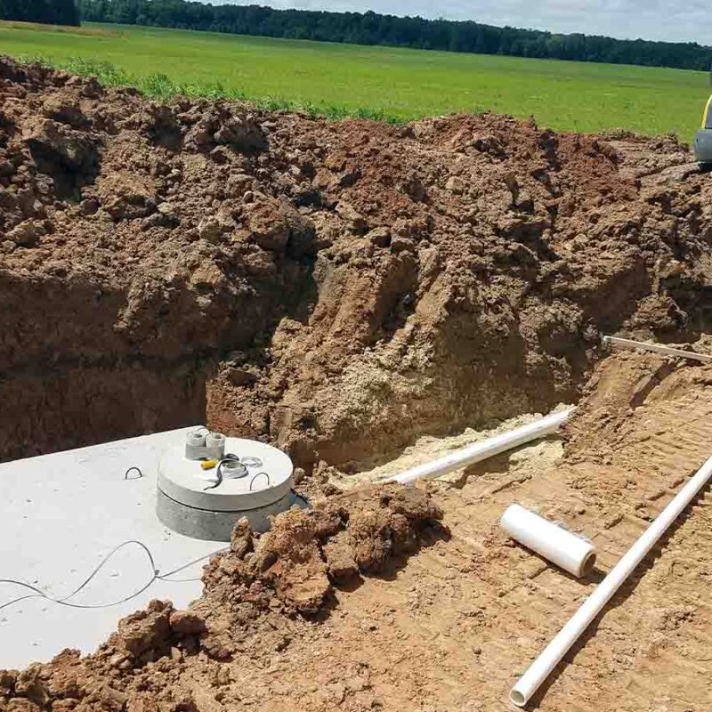 Installing a concrete septic tank.